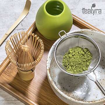 Tealyra - Matcha Kit - Connoisseur Ceremony Start Up Set - Premium Matcha Tea Powder - Japanese Made Beige Bowl - Bamboo Whisk Scoop and Tray - Holder - Sifter