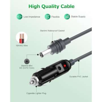 Starlink Mini DC Power Cable Cigarette Lighter 10FT Starlink Mini Cable 12V-24V DC Car Power Cable for Starlink Mini Accessories 18AWG Starlink DC Power Supply for Trucks Buses Ships Waterproof Gray