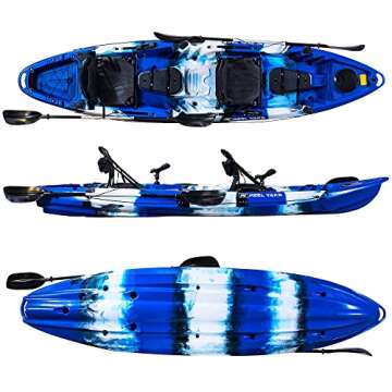 Tandem Fishing Angler Kayak | 2 or 3 Person | 12.5’ sit on top | 550lbs Capacity w/Kayak Trolley| Ocean Lakes Rivers | Adult Youths Kids Family | Pesca canoas caiaques caña pescar kyak cayac Personas