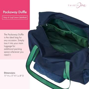 THIRTY-ONE Gifts Packaway Duffle Bag, Foldable Travel Bag for Gym Essentials and Weekend or Overnight Trips, Navy & Leaf Green Colorblock