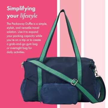 THIRTY-ONE Gifts Packaway Duffle Bag, Foldable Travel Bag for Gym Essentials and Weekend or Overnight Trips, Navy & Leaf Green Colorblock