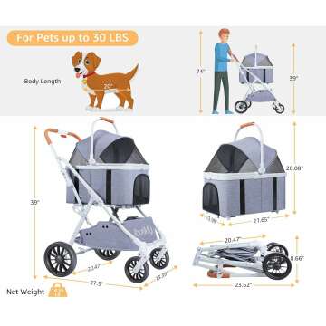 iBuddy Pet Stroller for Dog and Cat 4 in 1 Detachable Pet Travel Carrier & Car Seat, No Zip Entry, Easy One-Hand Fold, Airless Tires, Cup Holder, Waterproof Pee Pad Pet Gear Dog Jogger Stroller