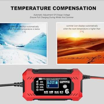 Corebox Battery Charger 6-Amp 12V Automatic Smart Battery Trickle Charger, Battery Maintainer Desulfator with Temperature Compensation for Car Truck Motorcycle Lawn Mower Marine