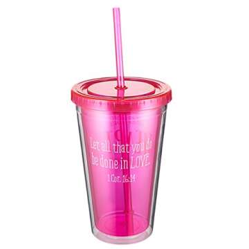 Christian Art Gifts Insulated Teacher Tumbler with Lid & Straw: It Takes a Big Heart to Shape Little Minds - Let All That You Do Be Done in Love - 1 Corinthians 16:14 Bible Verse Cup, Pink, 16 oz.