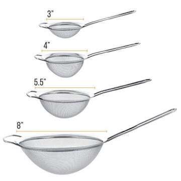 U.S. Kitchen Supply - Set of 4 Premium Quality Fine Mesh Stainless Steel Strainers with Wide Resting Ear Design - 3", 4", 5.5" and 8" Sizes - Sift, Strain, Drain and Rinse Vegetables, Pastas & Tea