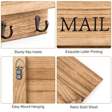 DLQuarts Mail Organizer with Key Holder for Wall Decorative Mail Sorter Wall Mounted, Wooden Mail Holder with 3 Hooks, Carbonized Brown