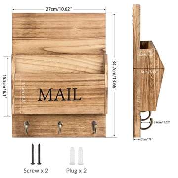 DLQuarts Mail Organizer with Key Holder for Wall Decorative Mail Sorter Wall Mounted, Wooden Mail Holder with 3 Hooks, Carbonized Brown