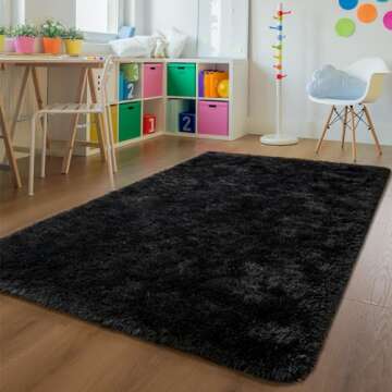 Andecor Soft Fluffy Bedroom Rugs, 4 x 6 Feet Indoor Shaggy Plush Area Rug for Boys Girls Kids Baby College Dorm Living Room Home Decor Floor Carpet, Black