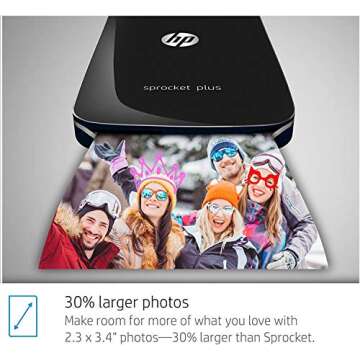 HP Sprocket Plus Instant Photo Printer (Black) Prints on 2.3x3.4” Zink Sticky Back Pictures Straight from Smartphone & Social Media.