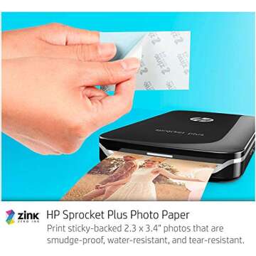 HP Sprocket Plus Instant Photo Printer (Black) Prints on 2.3x3.4” Zink Sticky Back Pictures Straight from Smartphone & Social Media.