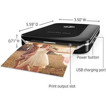 HP Sprocket Plus Instant Photo Printer (Black) Prints on 2.3x3.4” Zink Sticky Back Pictures Straight from Smartphone & Social Media.