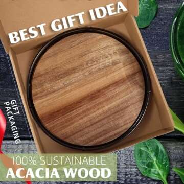 9" Acacia Wood Lazy Susan Turntable, Tomoaza Kitchen Organizer Turntable with Steel Sides, 360 Degree Turntable for Countertop Cabinet or Dining Table