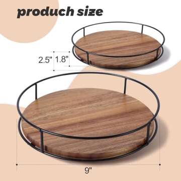 9" Acacia Wood Lazy Susan Turntable, Tomoaza Kitchen Organizer Turntable with Steel Sides, 360 Degree Turntable for Countertop Cabinet or Dining Table