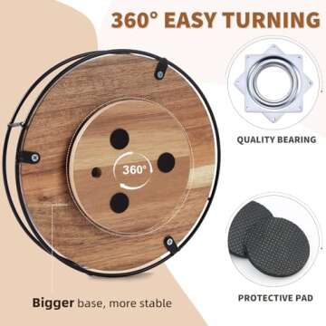 9" Acacia Wood Lazy Susan Turntable, Tomoaza Kitchen Organizer Turntable with Steel Sides, 360 Degree Turntable for Countertop Cabinet or Dining Table