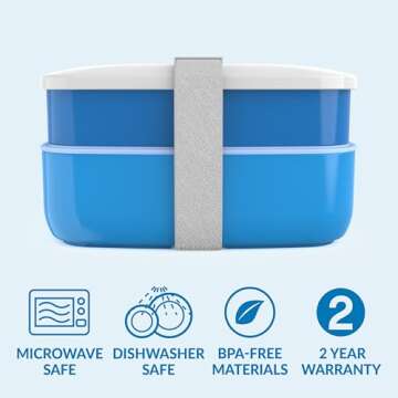 Bentgo Classic - Adult Bento Box, All-in-One Stackable Lunch Box Container with 3 Compartments, Plastic Utensils, and Nylon Sealing Strap, BPA Free Food Container (Blue)