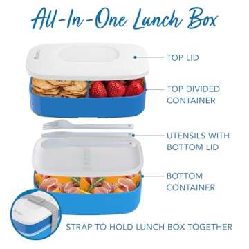 Bentgo Classic - Adult Bento Box, All-in-One Stackable Lunch Box Container with 3 Compartments, Plastic Utensils, and Nylon Sealing Strap, BPA Free Food Container (Blue)