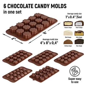 Chocolate Molds Silicone - Set of 6 (with Free Recipes eBook) - Non-Stick & Food Grade Candy Molds for Chocolate, Jelly Candies, Truffles, Bath Melts & Candles - Dishwasher Safe