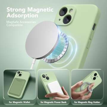 SuydanBox Magnetic for iPhone 15 Case, Compatible with MagSafe, [2 Screen Protector + Full Camera Protection], Silicone Shockproof Anti-Scratch Protective Phone Case for iPhone 15 6.1", Matcha