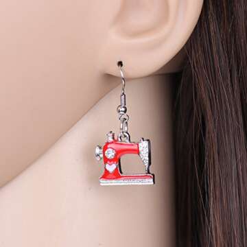 NEWEI Cute Sewing Machine Earrings Fashion Sewing Tools Jewelry For Women Gift Decoration Charms (Red)