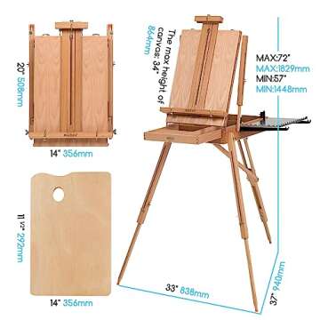 MEEDEN French Easel, Large Sketchbox Easel - Foldable Portable Beechwood Field Art Easel with Drawer, Palette & Metal Tray for Professionals, Artists & Hobbyists Painting on the Go, Hold Canvas to 34"