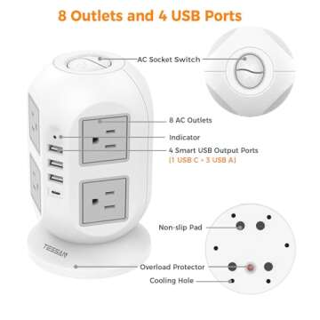 Tower Surge Protector Power Strip 10 ft, TESSAN Long Flat Extension Cord with Multiple Outlets, 8 AC Outlets with 4 USB Ports (1 USB C), Charging Station with Surge Protection, for Home Office Dorm