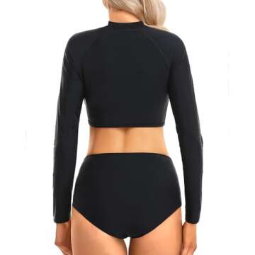 Pinup Fashion Rash Guard Two Piece Long Sleeve Swimsuit Black UV UPF 50+ Swim Shirt Bathing Suit with High Waisted Bottom