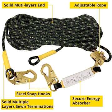 TRSMIMA Rope Harness Safety Lanyard：25ft Vertical Roofing Rope With Grab Snap Hooks Shock Absorber - Fall Protection Tree Climbing Line Kit Heavy Duty Roof Safety Equipment ANSI CE