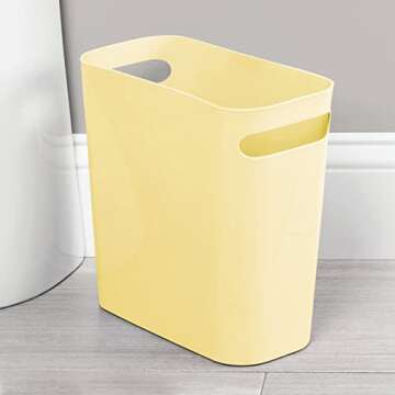 mDesign Plastic Small Trash Can, 1.5 Gallon/5.7-Liter Wastebasket, Narrow Garbage Bin with Handles for Bathroom, Laundry, Home Office - Holds Waste, Recycling, 10" High, Aura Collection, Light Yellow