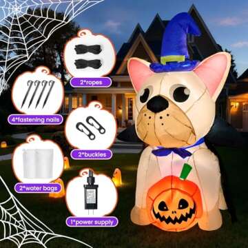 5FT Halloween Inflatable Decoration,Magic Puppy with Pumpkin Outdoor Decor,Waterproof Design,Halloween Blow-up Pumpkin with Built-in Lights,Suitable for Yard,Parties,Gardens