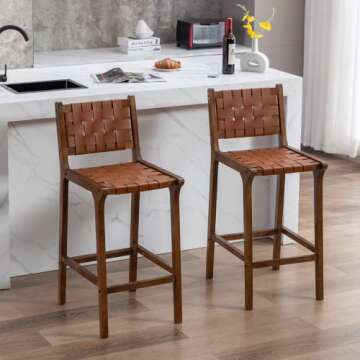 Janoray Wood Bar Stools Set of 2 Modern 28.5" Bar Height Stool with PU Leather Woven Straps Seat & Open Back Walnut Wood Color Bar Chairs with Footrest for Home Bar/Dining Room/Kitchen Island, Brown