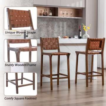 Janoray Wood Bar Stools Set of 2 Modern 28.5" Bar Height Stool with PU Leather Woven Straps Seat & Open Back Walnut Wood Color Bar Chairs with Footrest for Home Bar/Dining Room/Kitchen Island, Brown