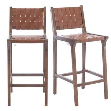 Janoray Wood Bar Stools Set of 2 Modern 28.5" Bar Height Stool with PU Leather Woven Straps Seat & Open Back Walnut Wood Color Bar Chairs with Footrest for Home Bar/Dining Room/Kitchen Island, Brown