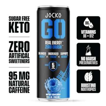 Jocko Fuel Blue Raspberry Energy Drink, 12 Pack, 0 Sugar, 95mg Caffeine, Supports Brain Health