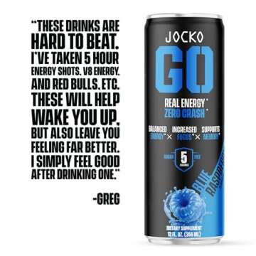 Jocko Fuel Blue Raspberry Energy Drink, 12 Pack, 0 Sugar, 95mg Caffeine, Supports Brain Health