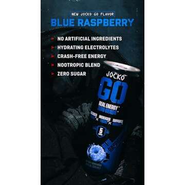 Jocko Fuel Blue Raspberry Energy Drink, 12 Pack, 0 Sugar, 95mg Caffeine, Supports Brain Health