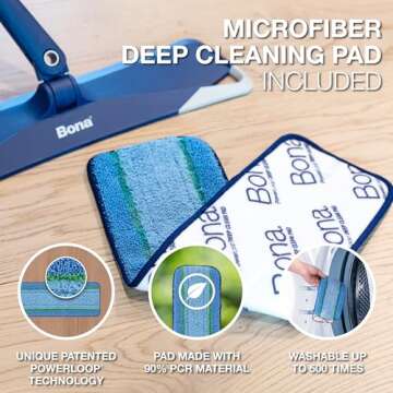 Bona Microfiber Pad 3-Pack includes Dusting, Cleaning, and Deep Cleaning Pad, for Hardwood and Multi-Surface Floors, fits Bona Family of Mops