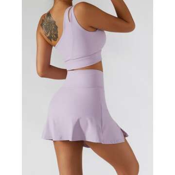 Women's Tennis Skirts One Shoulder Sport Bra Sets High Waisted Athletic Golf Skorts Skirt Cutout Medium Support Yoga Bra 2 Piece Workout Outfits Running Sports Activewear Lilac Large