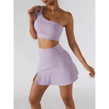 Women's Tennis Skirts One Shoulder Sport Bra Sets High Waisted Athletic Golf Skorts Skirt Cutout Medium Support Yoga Bra 2 Piece Workout Outfits Running Sports Activewear Lilac Large