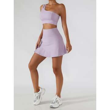 Women's Tennis Skirts One Shoulder Sport Bra Sets High Waisted Athletic Golf Skorts Skirt Cutout Medium Support Yoga Bra 2 Piece Workout Outfits Running Sports Activewear Lilac Large