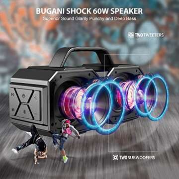 BUGANI Bluetooth Speakers, SHOCKW Portable Bluetooth Speaker, Bluetooth 5.3, Waterproof, Wireless Speakers, 60W Super Power, Suitable for Family Gatherings and Outdoor Travel, Outdoor Speaker