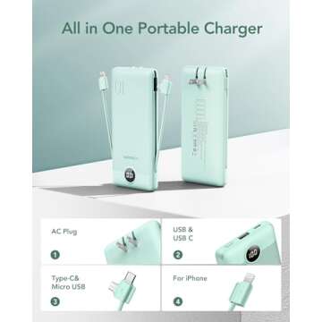 VEGER Portable Charger for iPhone with Built in Cables and Wall Plug, 10000mah Slim Fast Charging USB C Power Bank, Travel Essential Battery Pack Compatible with iPhone, iPad, Samsung etc(Green)