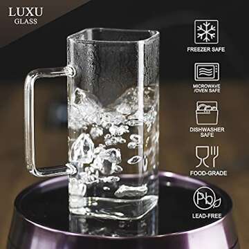 LUXU Drinking Glasses 13 oz With Handle,Set of 4 Thin Square Glasses,Elegant Bar Glassware For Water,Juice,Beer, Drinks,and Cocktails and Mixed Drinks,Lead-Free Drink Tumblers