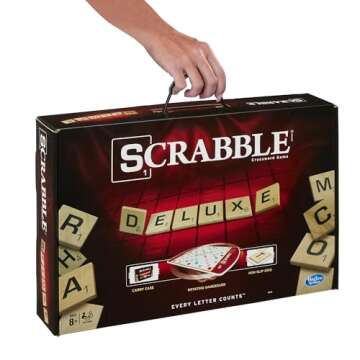 Hasbro Gaming Scrabble Deluxe Edition Letter Tiles Word Game | Rotating Board and Carrying Case | Ages 8+ | 2-4 Players | Classic Family Travel Games