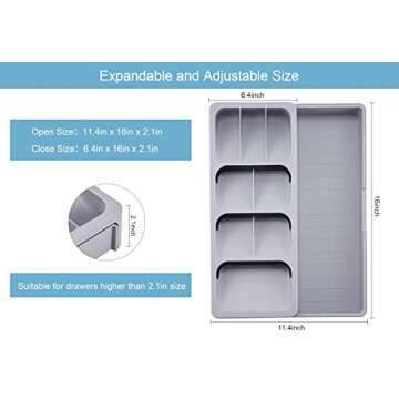 SOMIER Expandable Kitchen Drawer Organizer, Adjustable Cutlery Trays and Utensil Holder, Kitchen Drawer Dividers Storage for Silverware, Flatware, Knives, Spoons, Gray