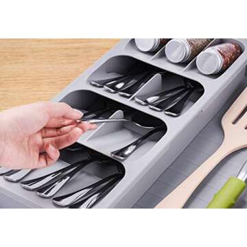 SOMIER Expandable Kitchen Drawer Organizer, Adjustable Cutlery Trays and Utensil Holder, Kitchen Drawer Dividers Storage for Silverware, Flatware, Knives, Spoons, Gray