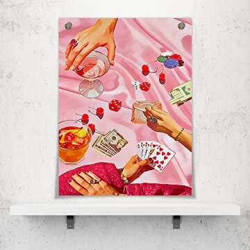 OAOPIC Vintage Pink Poker Playing Cards Posters for Room Decor Aesthetic Retro Funny Casino Gambling Dice Chips Canvas Wall Art Cool Funky Cocktail Alcohol Drinks Prints Paintings 12x16in Unframed