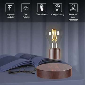 VGAzer Magnetic Levitating Floating Wireless LED Light Bulb Desk Lamp for Unique Gifts, Room Decor, Night Light, Home Office Decor Desk Tech Toys (Round Wooden Base..)