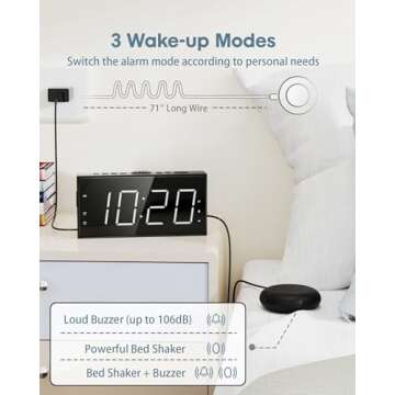 Loud Alarm Clock with Bed Shaker for Heavy Sleeper, Dual Vibrating Alarm Clock with USB Charger for Hearing-impaired Deaf, 7.5’’ Large LED Display with Dimmer, Snooze, 12/24H & Battery Backup