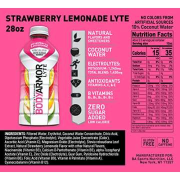 BODYARMOR LYTE Sports Drink Low-Calorie Sports Beverage, Strawberry Lemonade, Natural Flavor With Vitamins, Potassium-Packed Electrolytes, Perfect For Athletes 28 Fl Oz (Pack of 12)