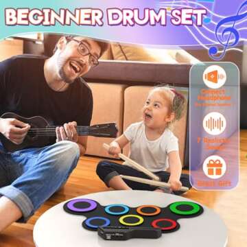 Rocktata® Electronic Drum Set, 7 Pad Roll-up Drum Kit with Headset Jack, Pedals, Drumsticks, Portable Kids Drum Set Practice Pad for Beginner (No Built-in Speaker)